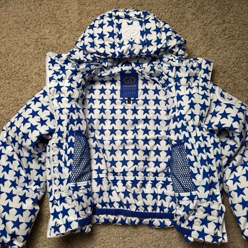 Goldbergh Olympe Goose Down Puffer Ski Jacket NWT US 12 Large White Blue Stars - Picture 9 of 10